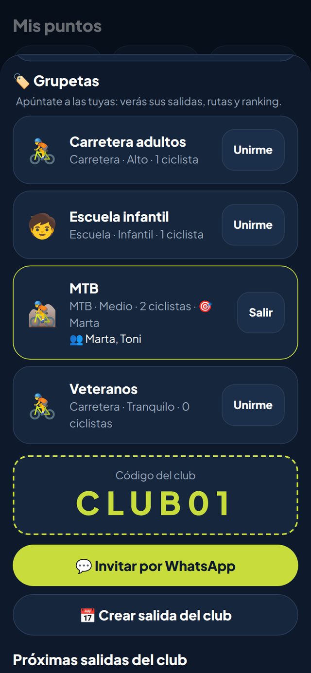 Grupetas del club: MTB, Carretera, Veteranos, Escuela