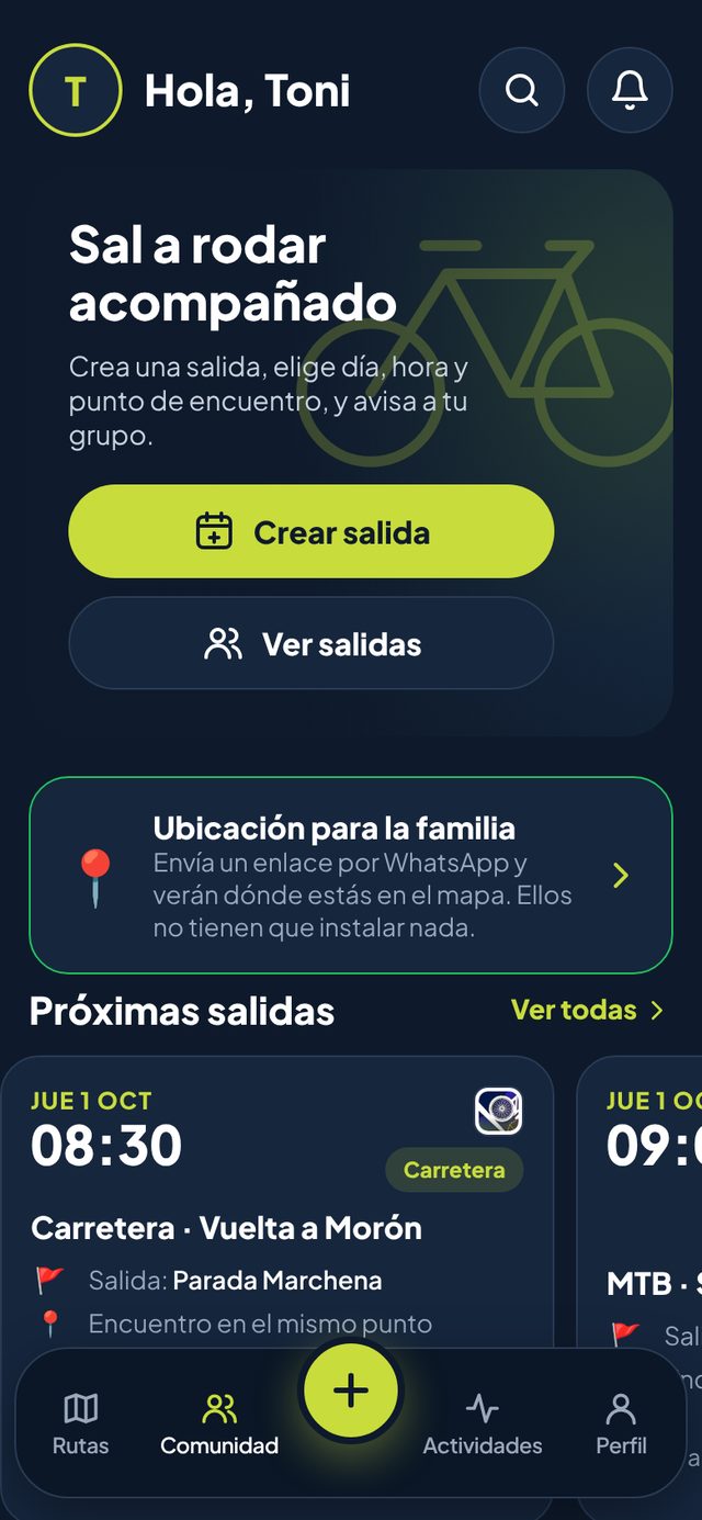 Pantalla de inicio de RideSafe IA con las próximas salidas del club